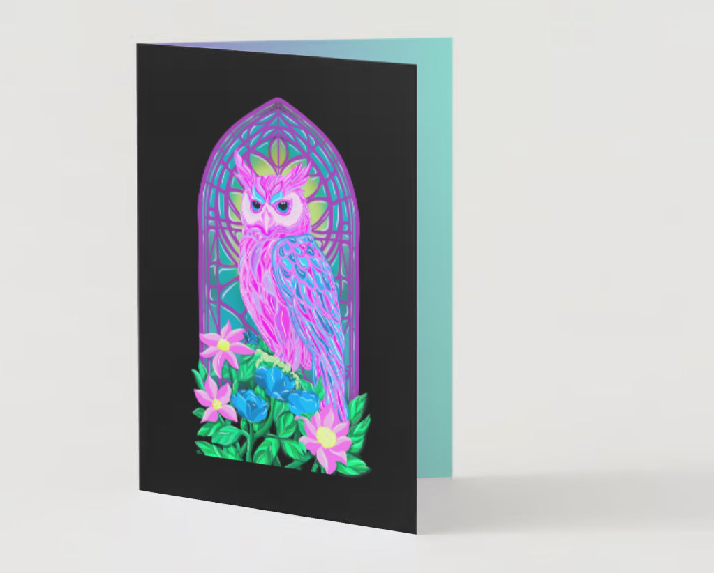 Pastel Owl Stained Glass window scene greeting card