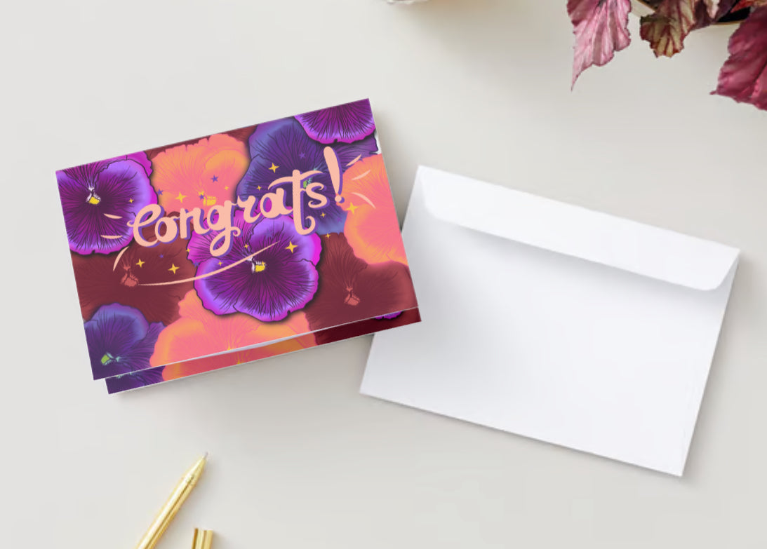 “Congrats! ”Purple orange flower stacked greeting card