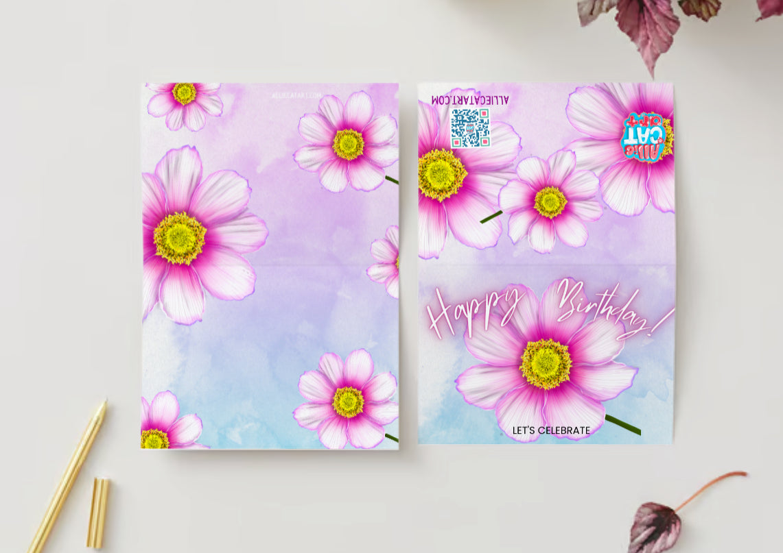 “Happy Birthday!” Pink Flower WaterColor Greeting Card