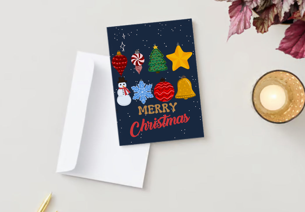 “Merry Christmas!” Cute ornament grid greeting card