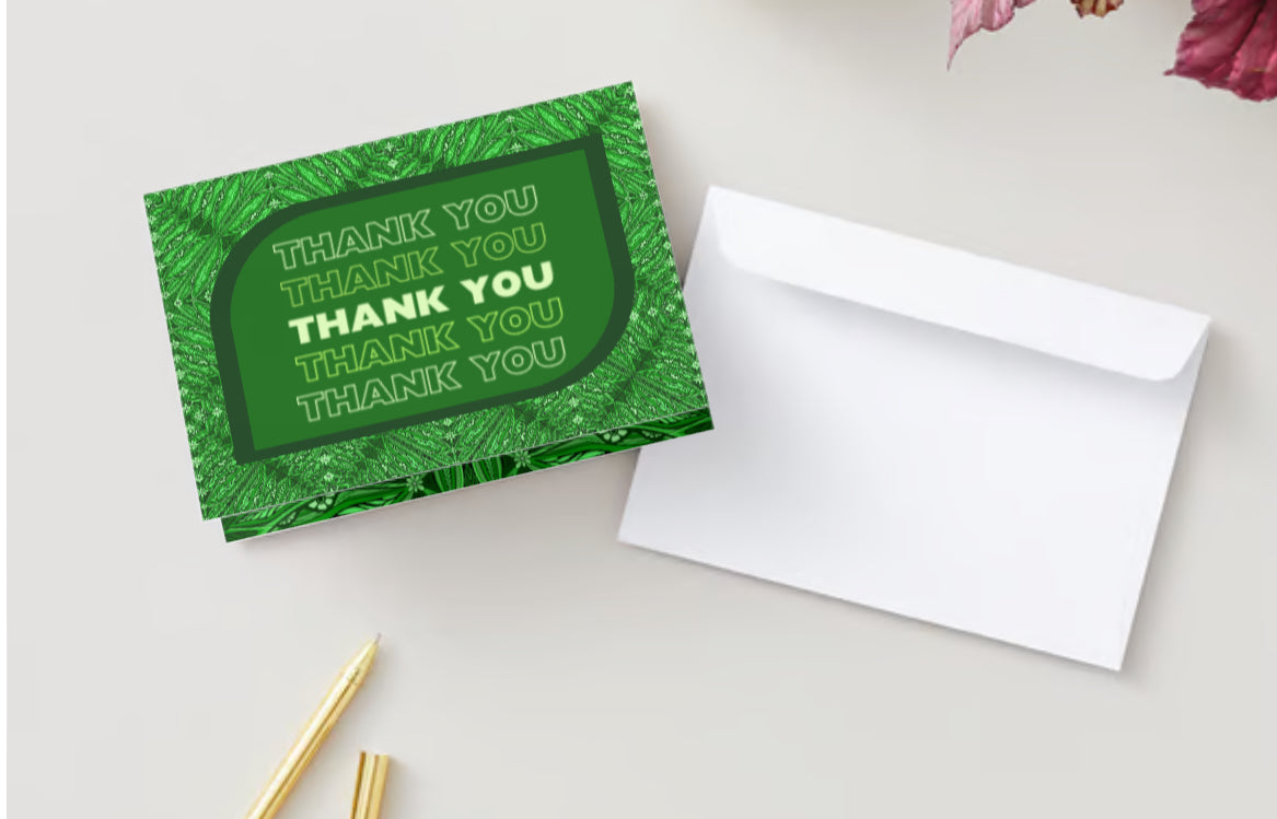 “Thank you!” Green Flower Filled Fern Patterned card