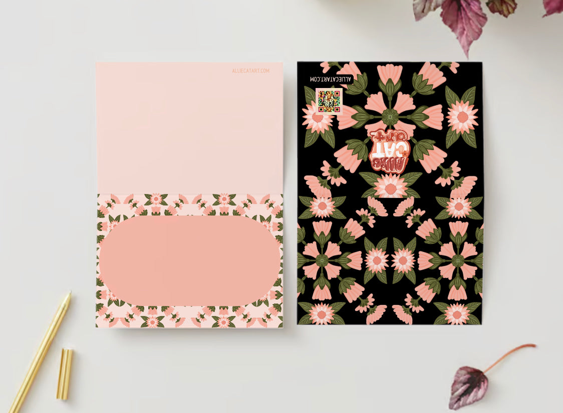 Pink Floral Pattern Dark Background Greeting Card