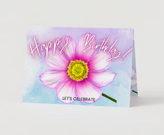 “Happy Birthday!” Pink Flower WaterColor Greeting Card