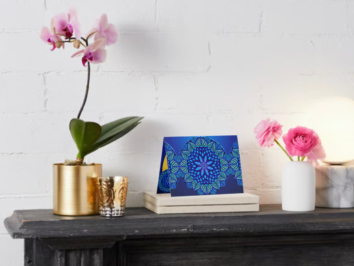 Blue flower, mandala greeting card