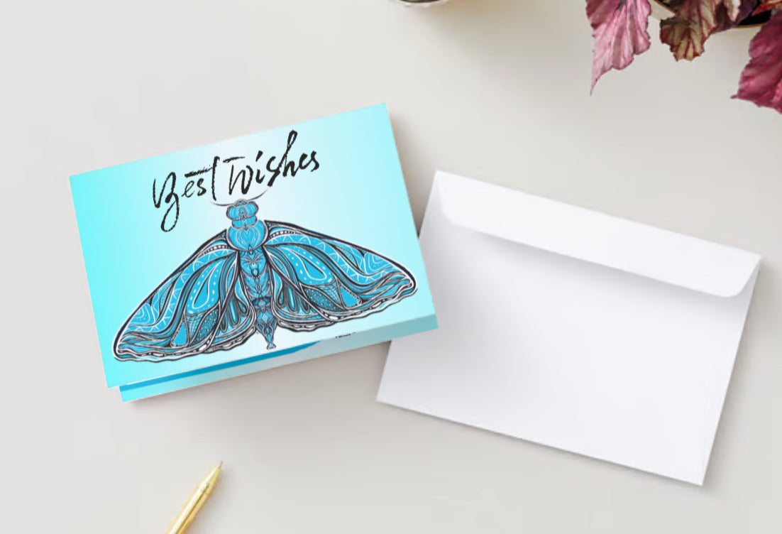 “Best Wishes!” Soft Teal Moth Greeting Card