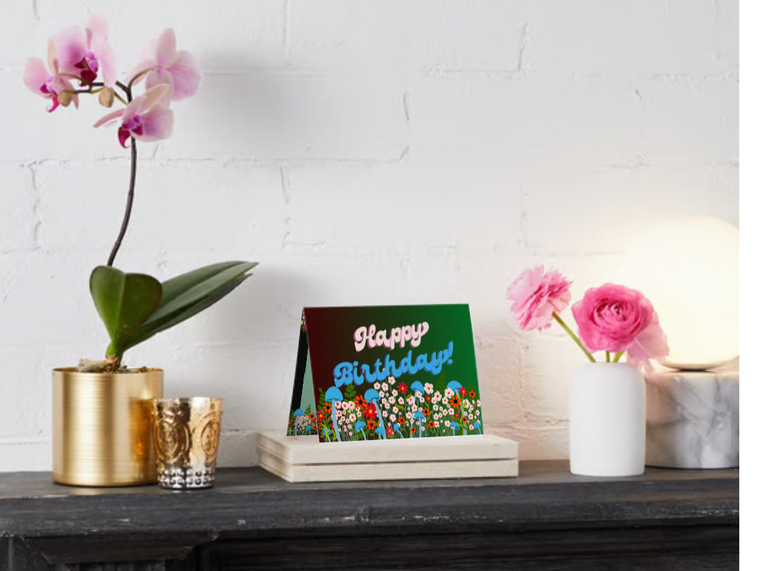 “Happy Birthday” Mushrooms Flowers Border Card