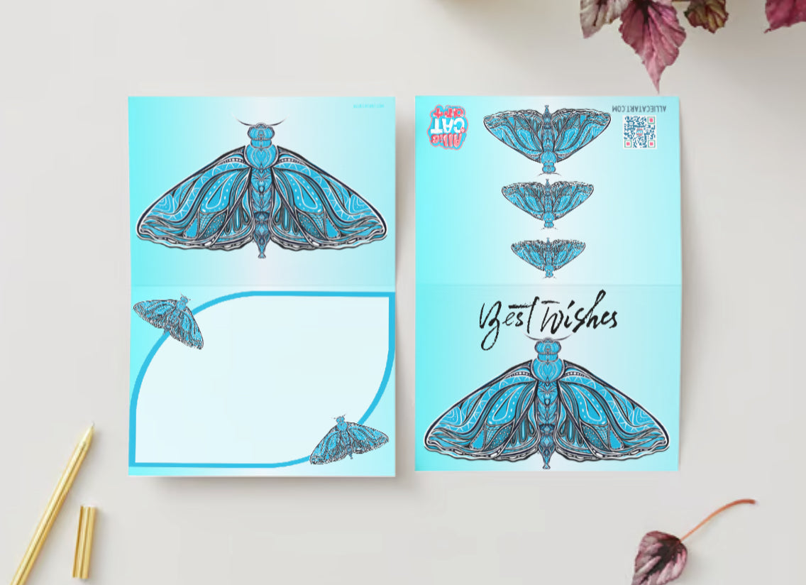 “Best Wishes!” Soft Teal Moth Greeting Card