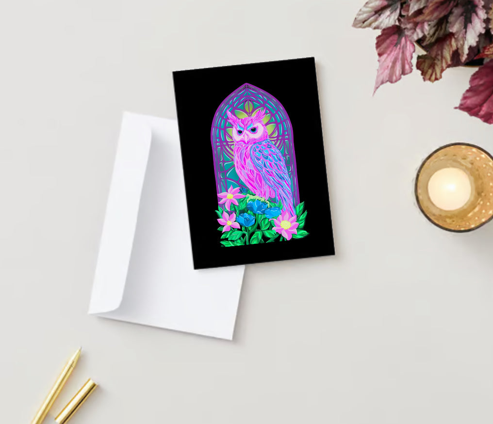 Pastel Owl Stained Glass window scene greeting card