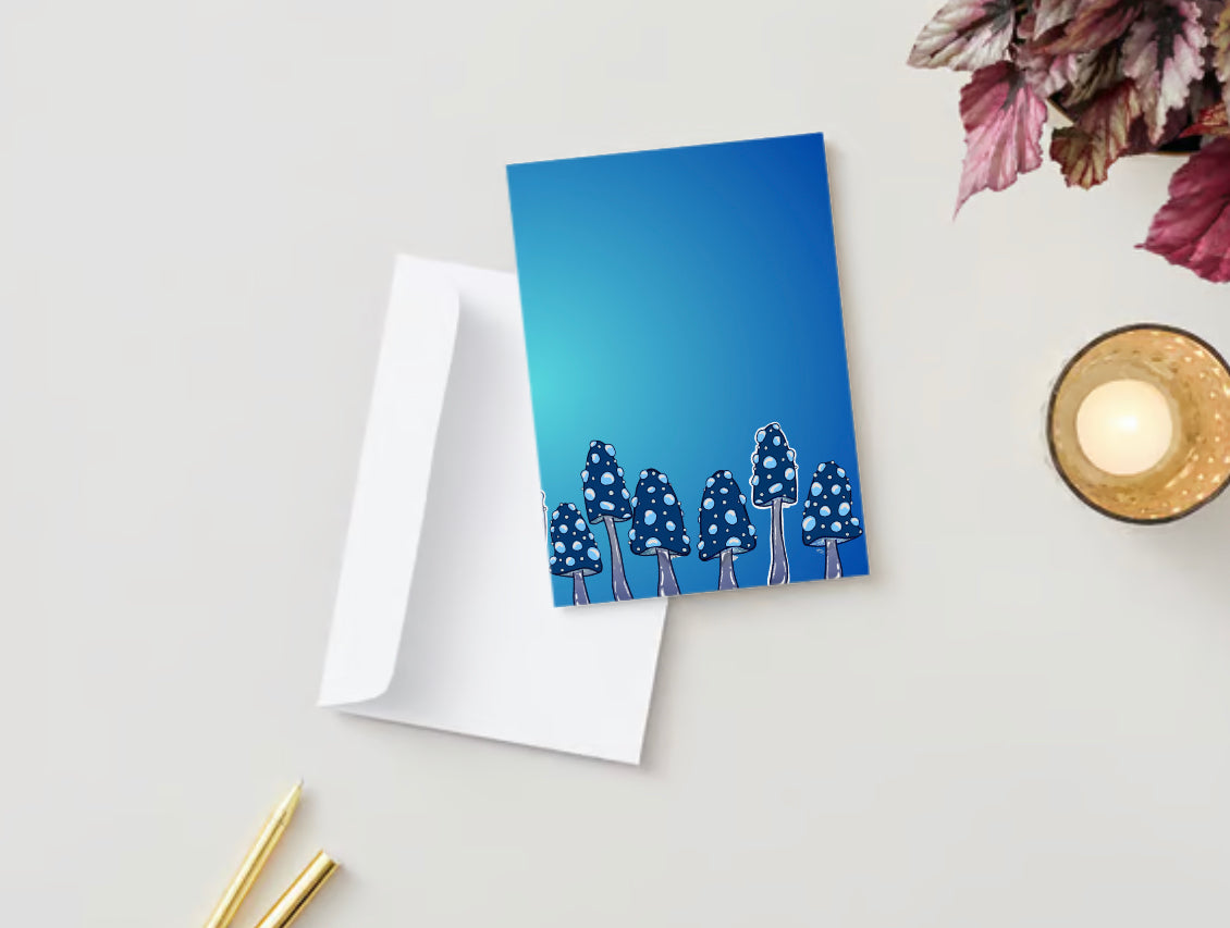 Mushroom trio beautiful blues greeting card