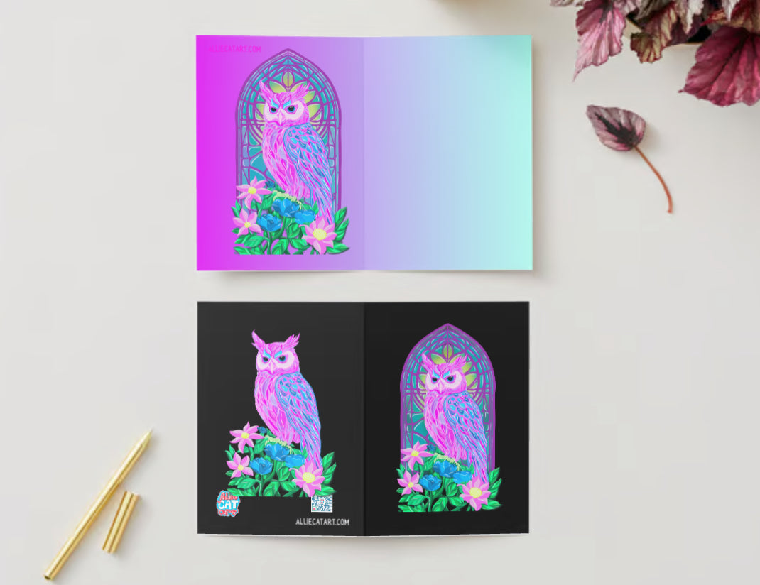 Pastel Owl Stained Glass window scene greeting card