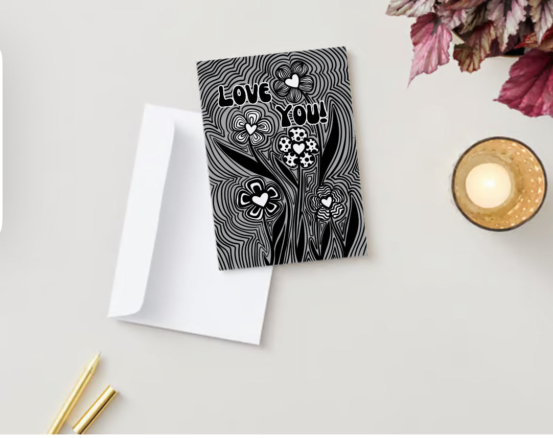 “Love you!” B&W Heart Flower Doodle Card