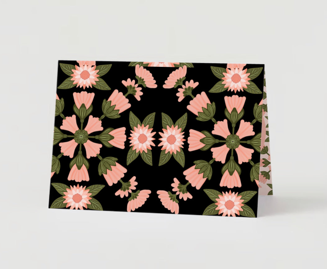 Pink Floral Pattern Dark Background Greeting Card