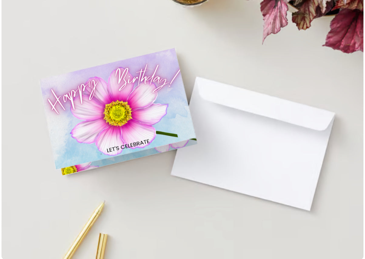 “Happy Birthday!” Pink Flower WaterColor Greeting Card