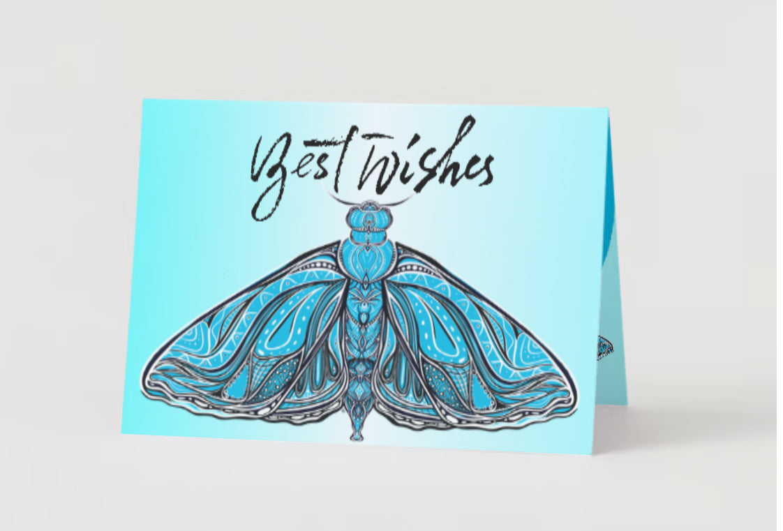 “Best Wishes!” Soft Teal Moth Greeting Card