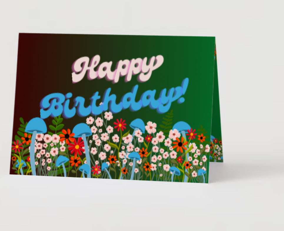 “Happy Birthday” Mushrooms Flowers Border Card