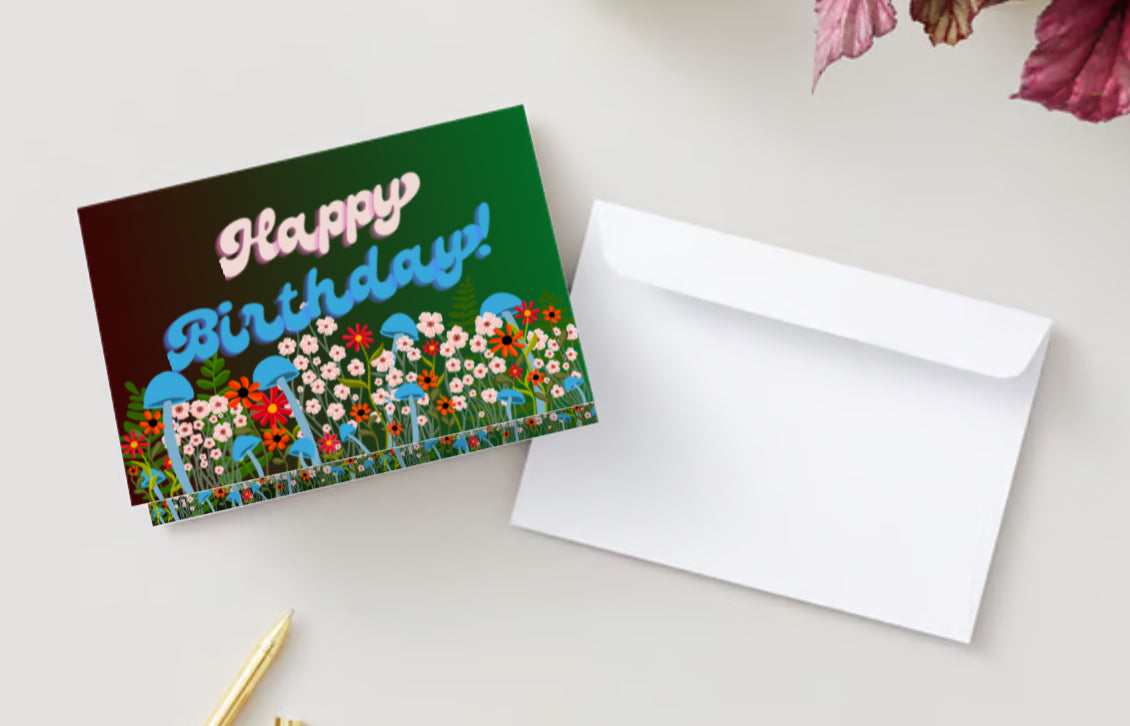 “Happy Birthday” Mushrooms Flowers Border Card