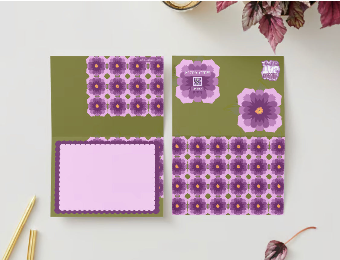 Purple Square Flower Patterned Greeting Card