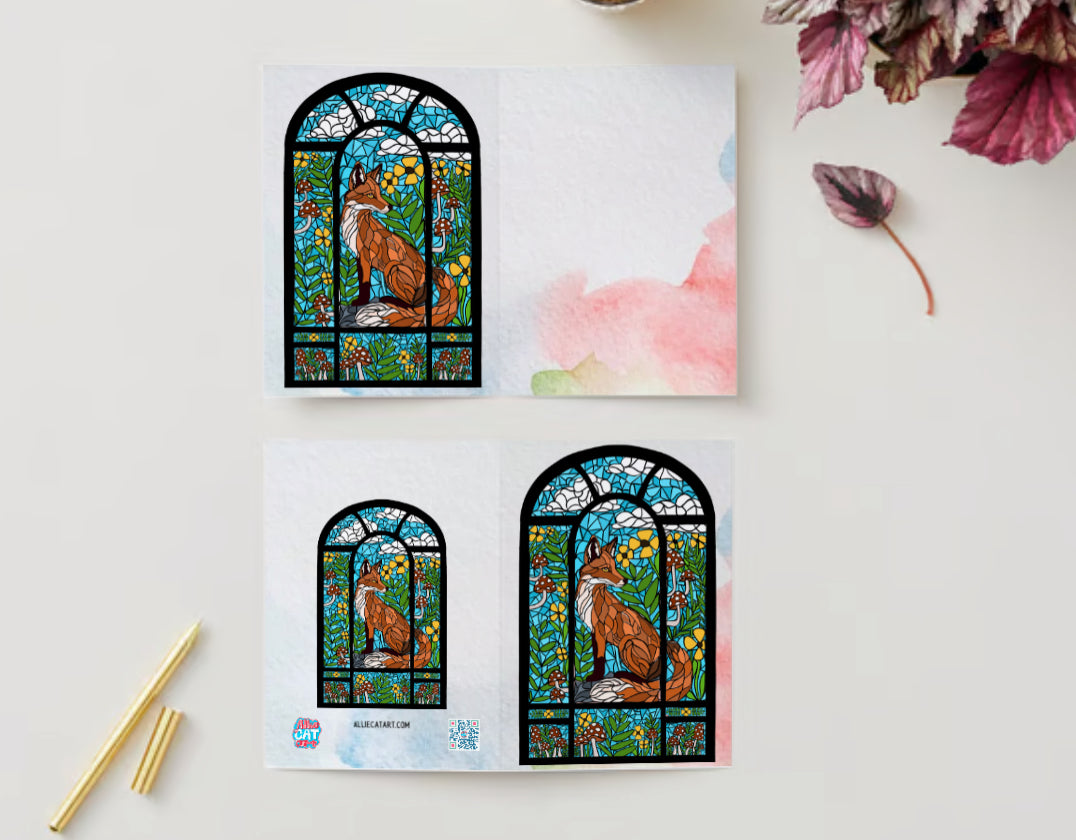 Stained GlassFox Window Scene Greeting Card