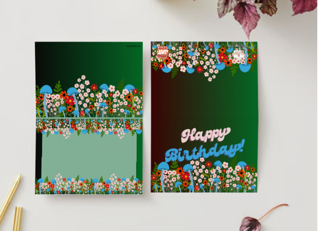 “Happy Birthday” Mushrooms Flowers Border Card