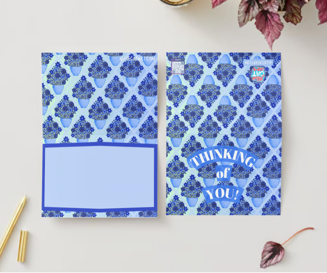 “Thinking of you!” Blue Potted Flower Diamond Pattern Card