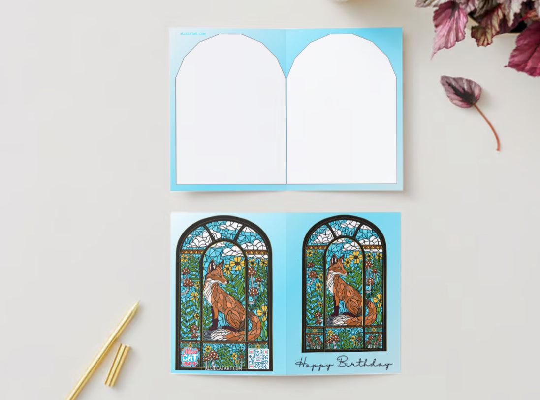 “Happy Birthday!” Fox stained glass window card