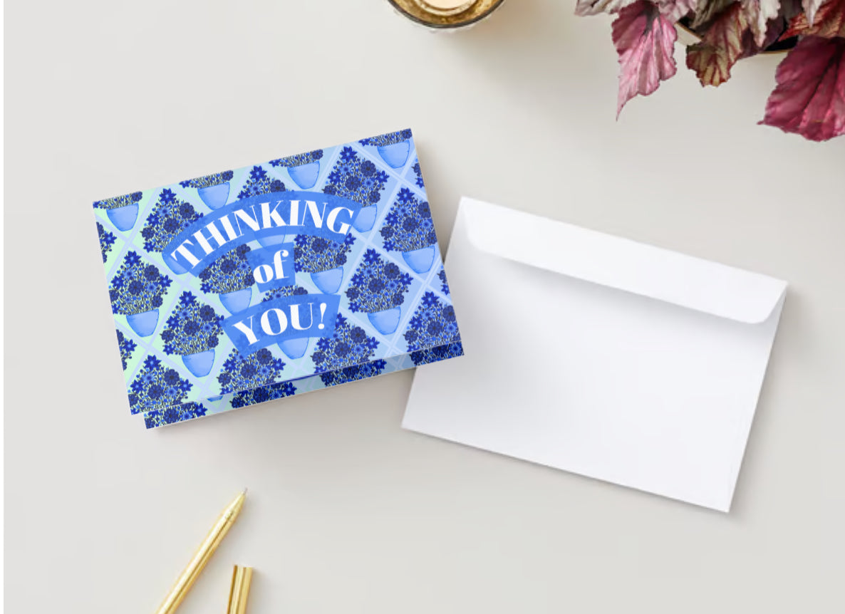 “Thinking of you!” Blue Potted Flower Diamond Pattern Card