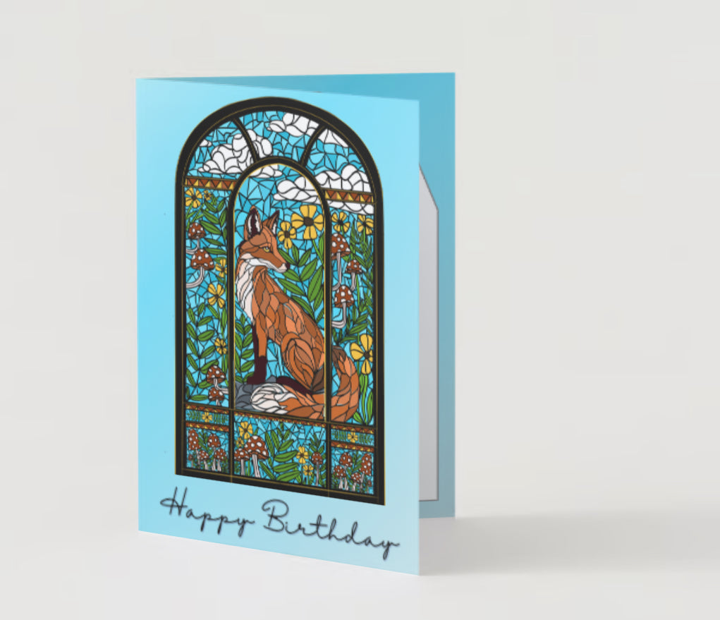 “Happy Birthday!” Fox stained glass window card