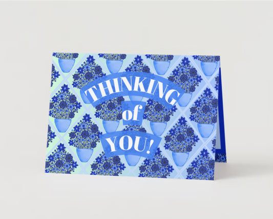 “Thinking of you!” Blue Potted Flower Diamond Pattern Card