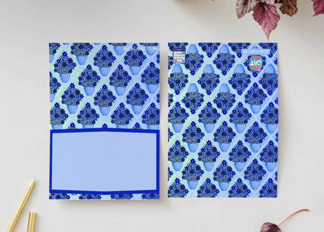 Blue Diamond Pattern Potted Flower Card