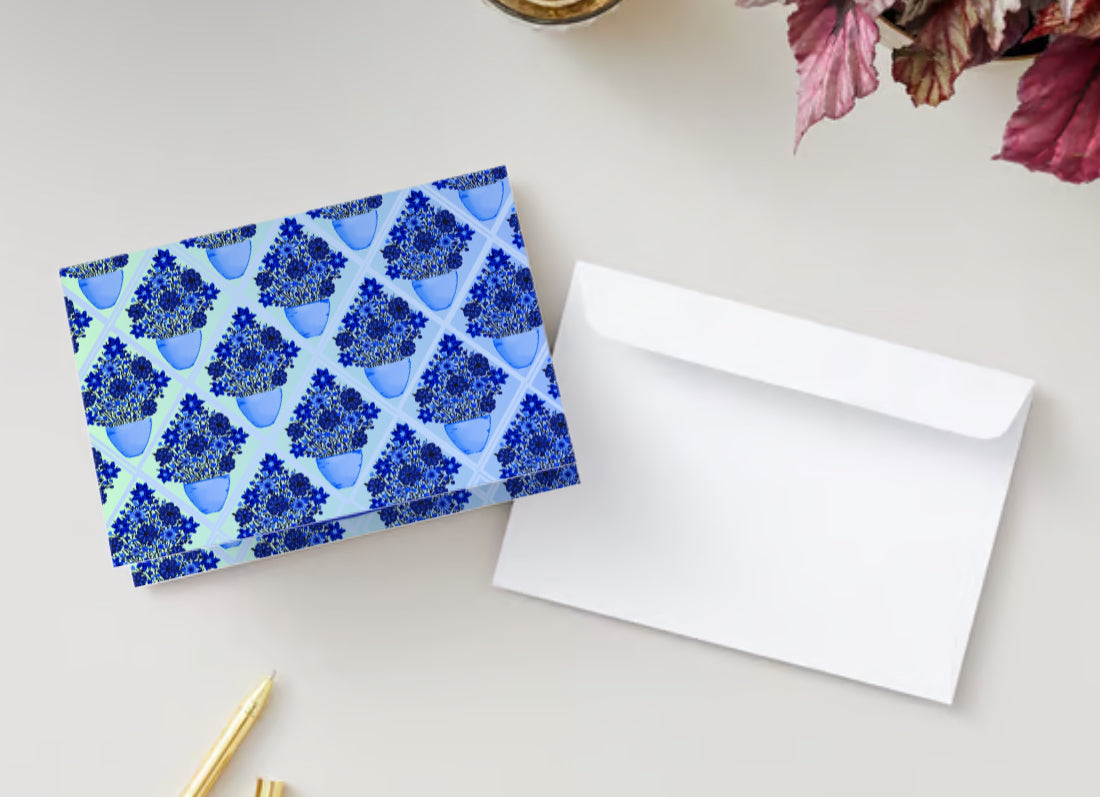 Blue Diamond Pattern Potted Flower Card