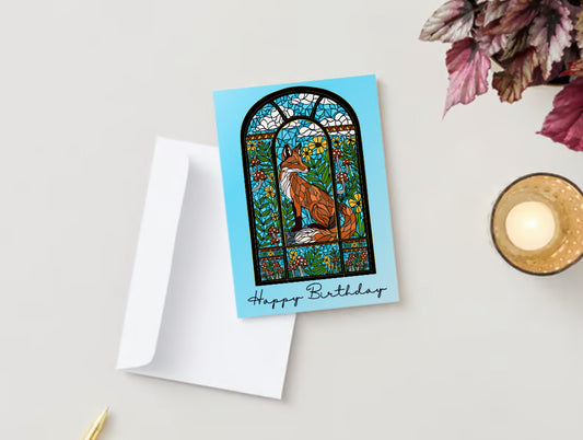 “Happy Birthday!” Fox stained glass window card